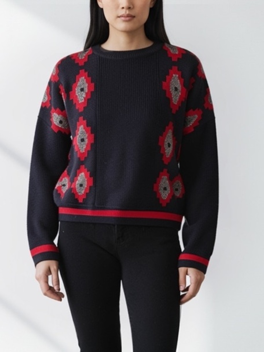 JUCY JUDY Black Crewneck Sweater with Red & Silver Geometric Motif